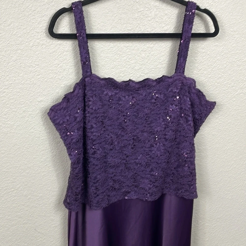 New Alex Evenings Sequin Lace Satin Gown Maxi Dress Square Neck Purple Eggplant